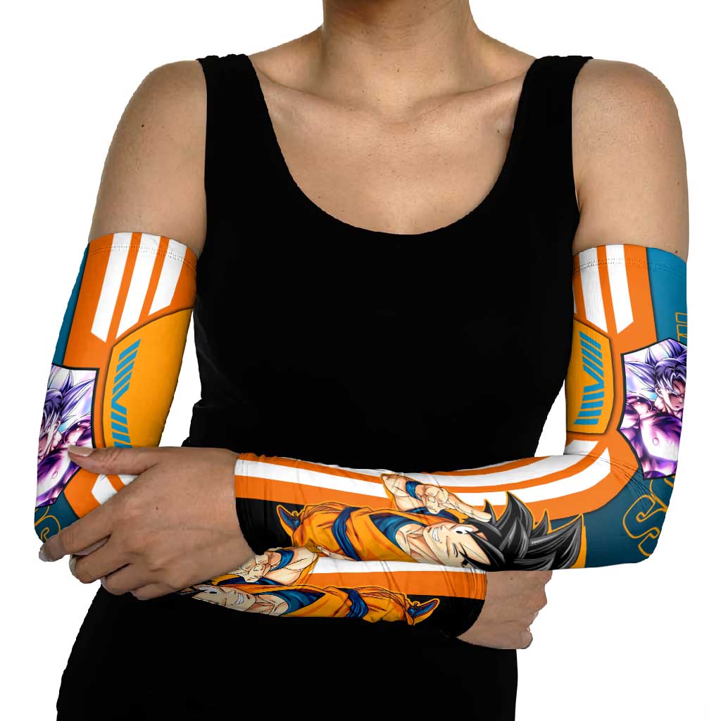 Son Goku from Dragon Ball Arm Sleeves with Orange Gi, Power Pose, and Energy Effect Design - The Mazicc