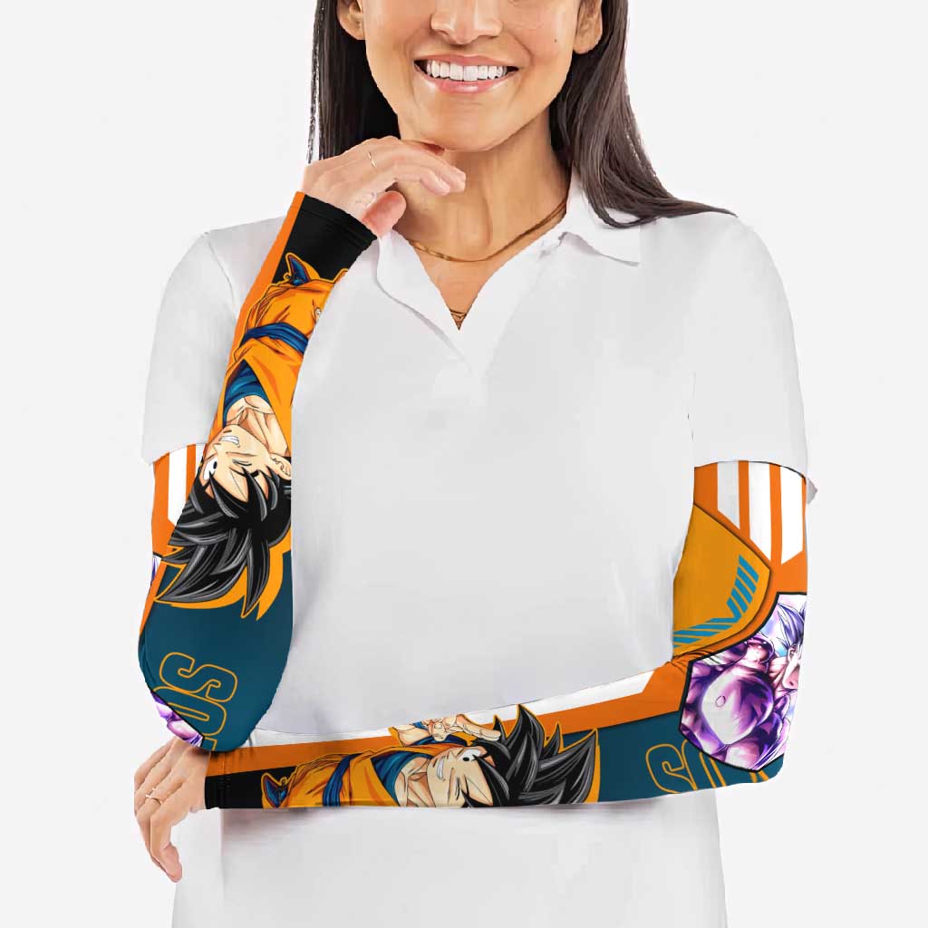 Son Goku from Dragon Ball Arm Sleeves with Orange Gi, Power Pose, and Energy Effect Design - The Mazicc