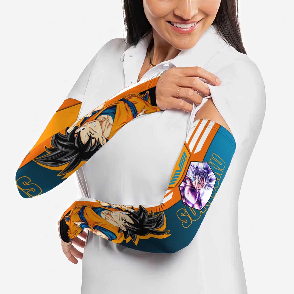 Son Goku from Dragon Ball Arm Sleeves with Orange Gi, Power Pose, and Energy Effect Design - The Mazicc