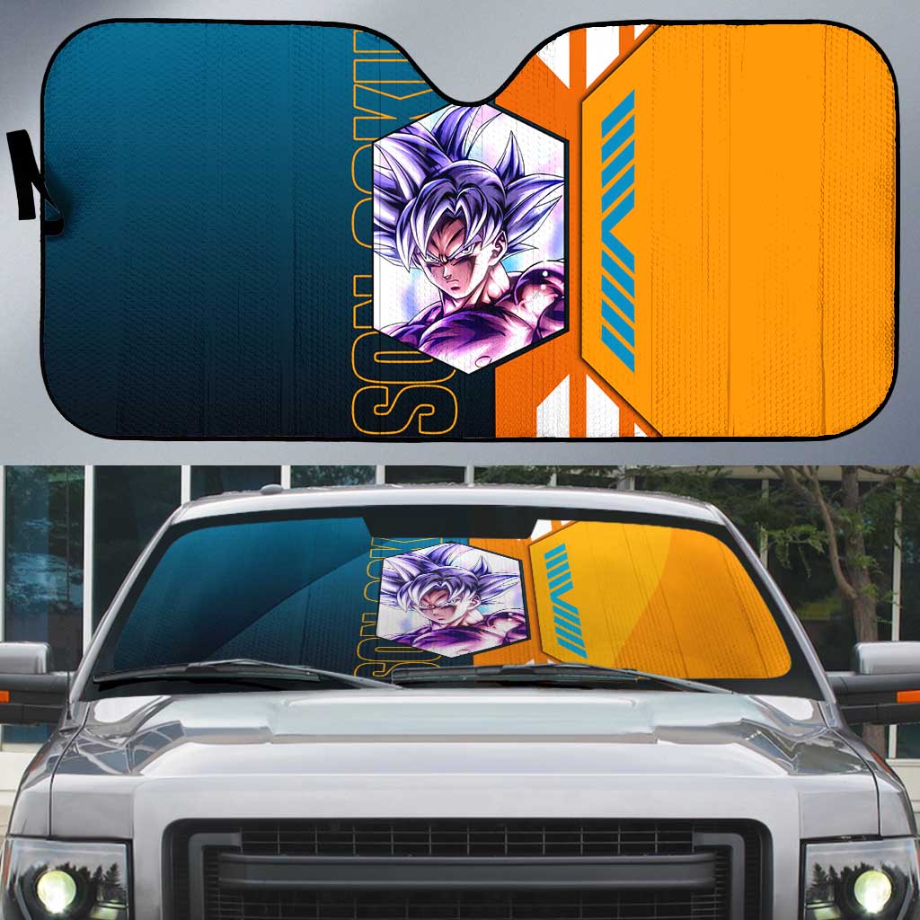 Son Goku from Dragon Ball Auto Sun Shade with Orange Gi, Power Pose, and Energy Effect Design - The Mazicc