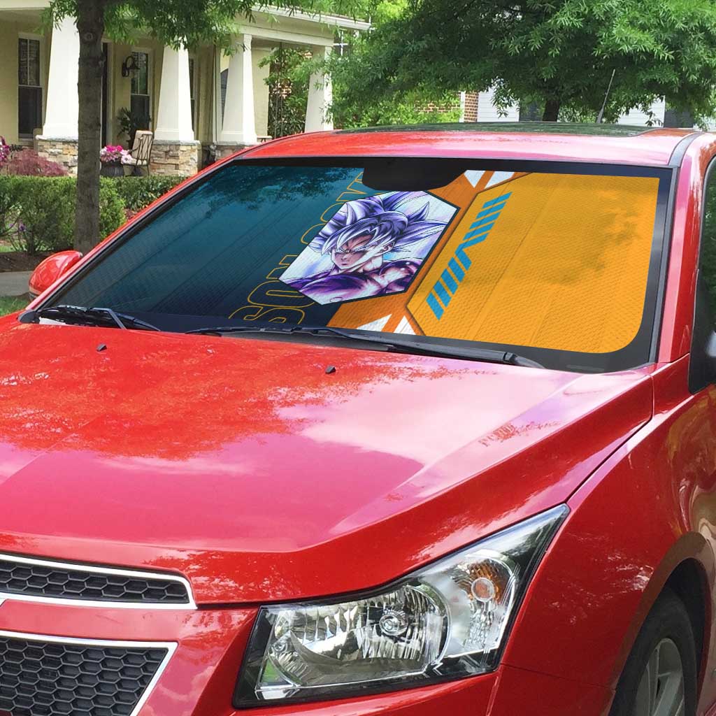 Son Goku from Dragon Ball Auto Sun Shade with Orange Gi, Power Pose, and Energy Effect Design - The Mazicc