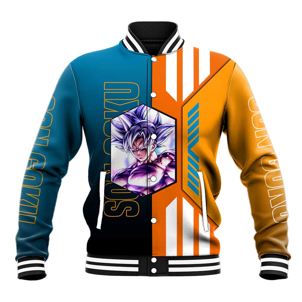 Son Goku from Dragon Ball Baseball Jacket with Orange Gi, Power Pose, and Energy Effect Design - The Mazicc