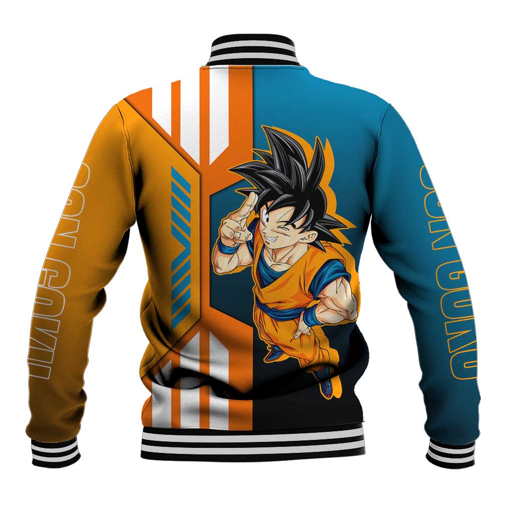 Son Goku from Dragon Ball Baseball Jacket with Orange Gi, Power Pose, and Energy Effect Design - The Mazicc