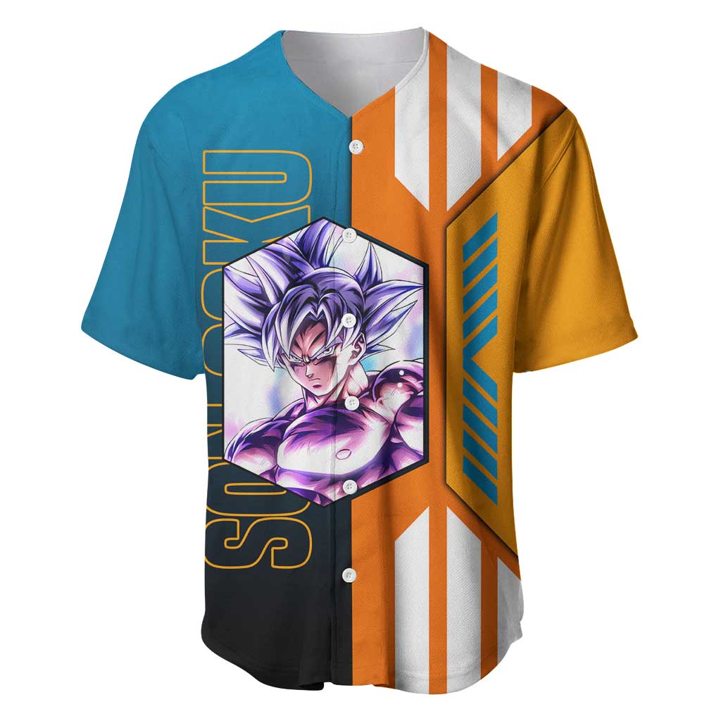 Son Goku from Dragon Ball Baseball Jersey with Orange Gi, Power Pose, and Energy Effect Design - The Mazicc