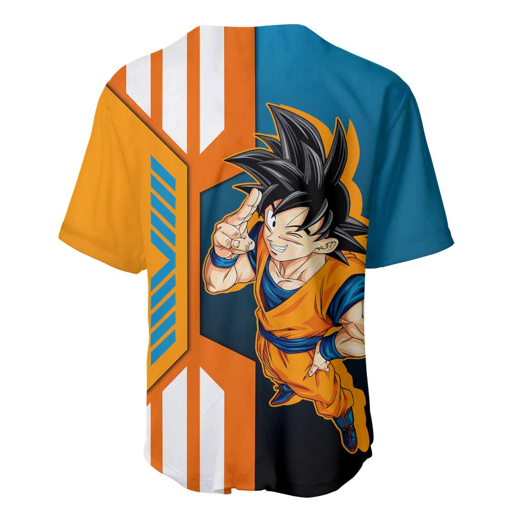 Son Goku from Dragon Ball Baseball Jersey with Orange Gi, Power Pose, and Energy Effect Design - The Mazicc