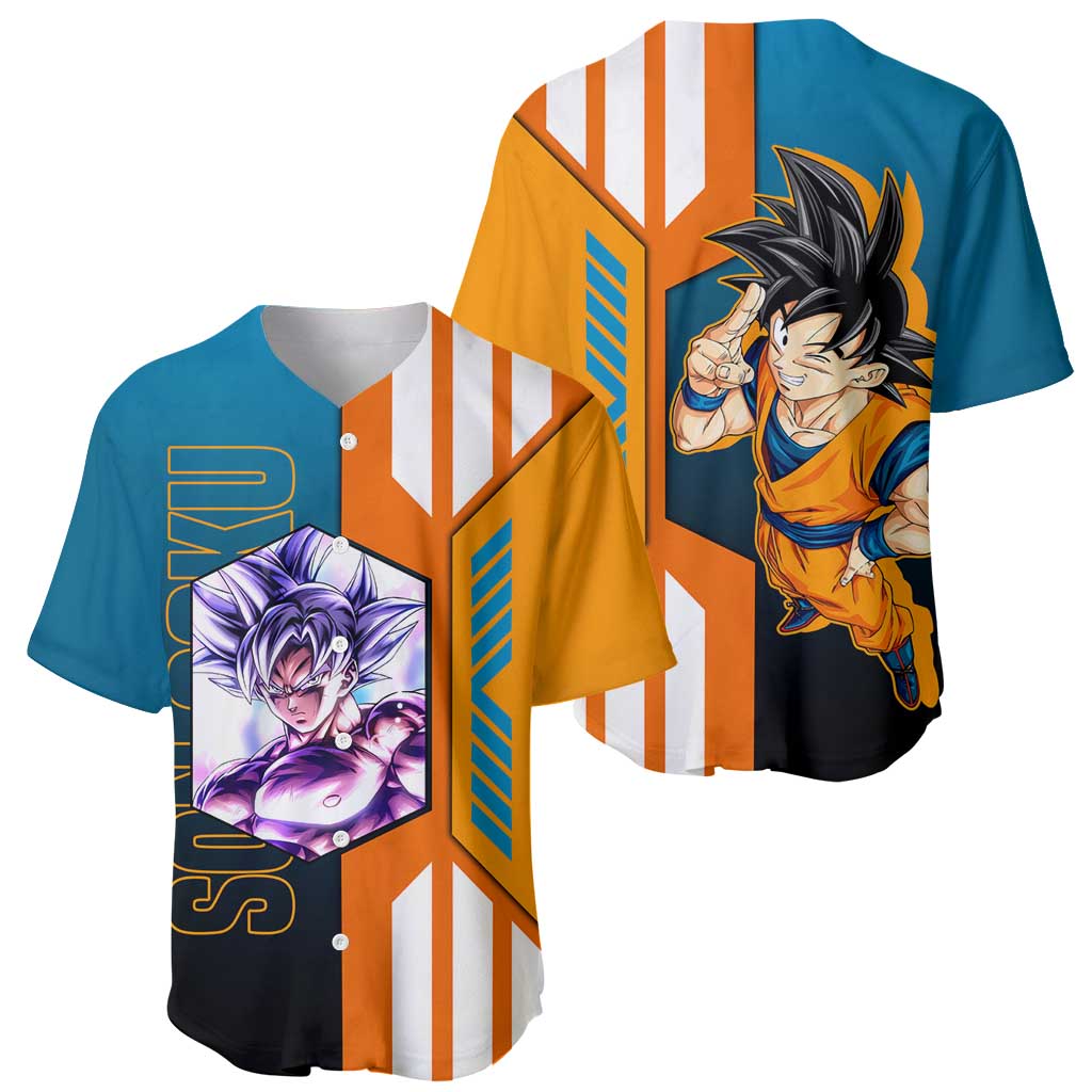 Son Goku from Dragon Ball Baseball Jersey with Orange Gi, Power Pose, and Energy Effect Design - The Mazicc