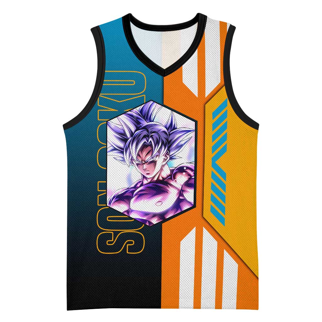 Son Goku from Dragon Ball Basketball Jersey with Orange Gi, Power Pose, and Energy Effect Design - The Mazicc