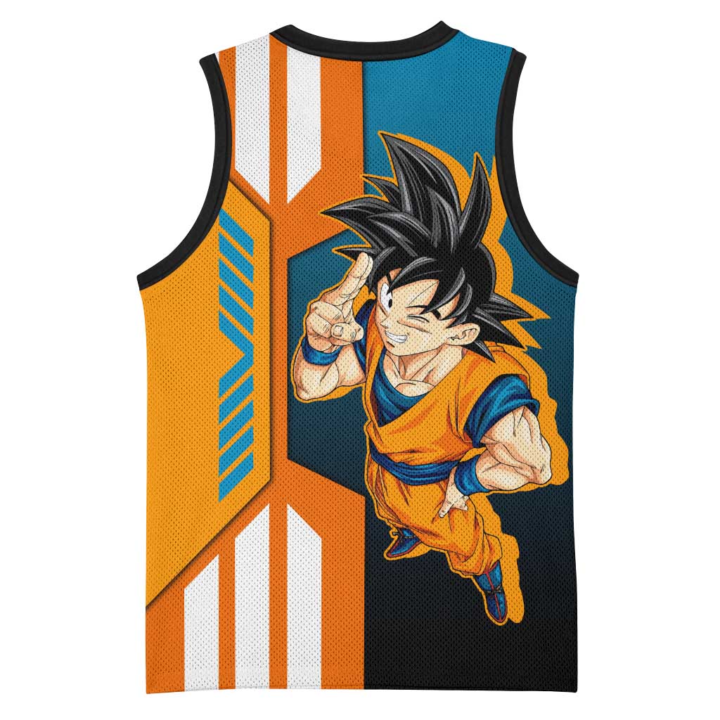 Son Goku from Dragon Ball Basketball Jersey with Orange Gi, Power Pose, and Energy Effect Design - The Mazicc