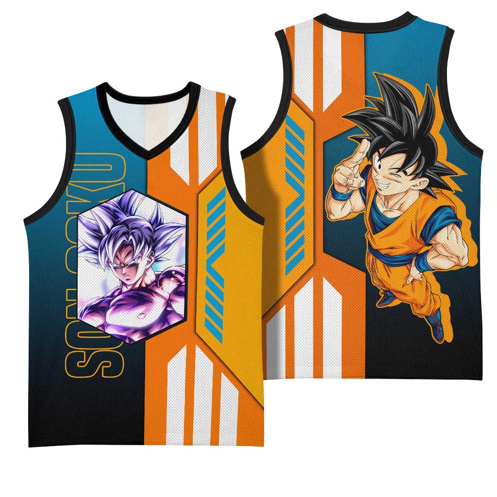 Son Goku from Dragon Ball Basketball Jersey with Orange Gi, Power Pose, and Energy Effect Design - The Mazicc
