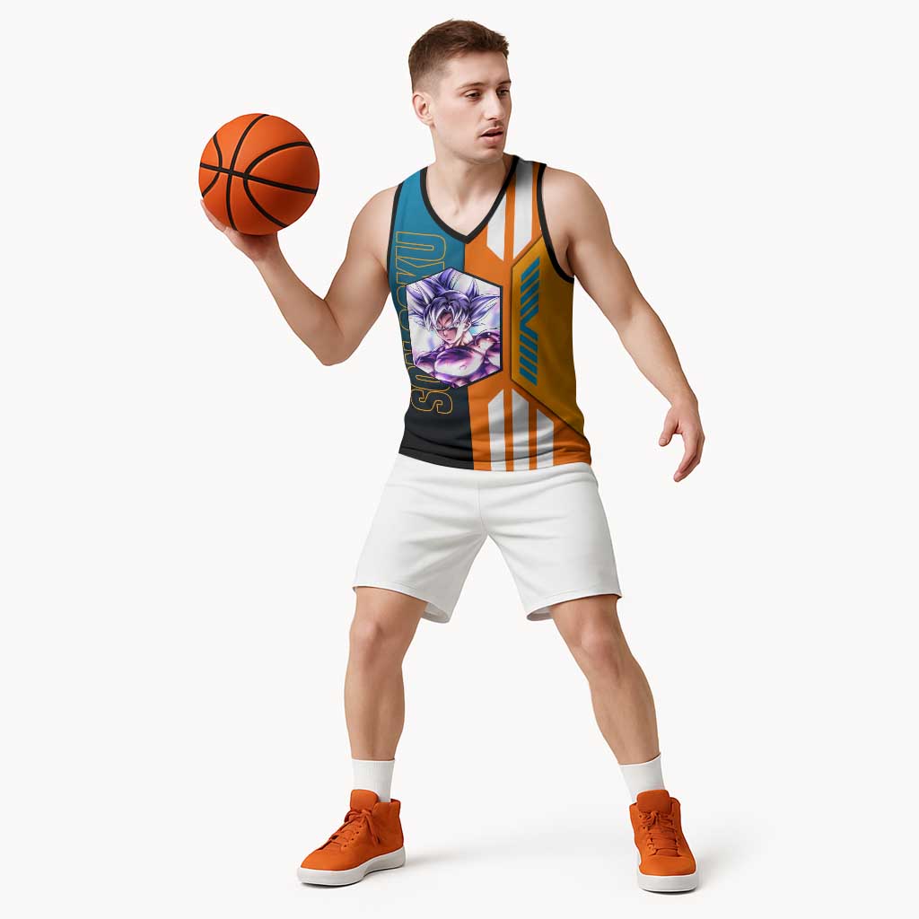 Son Goku from Dragon Ball Basketball Jersey with Orange Gi, Power Pose, and Energy Effect Design - The Mazicc