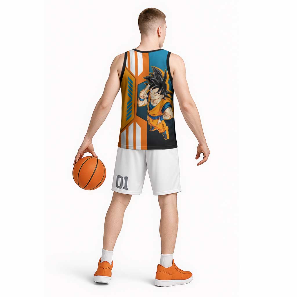 Son Goku from Dragon Ball Basketball Jersey with Orange Gi, Power Pose, and Energy Effect Design - The Mazicc