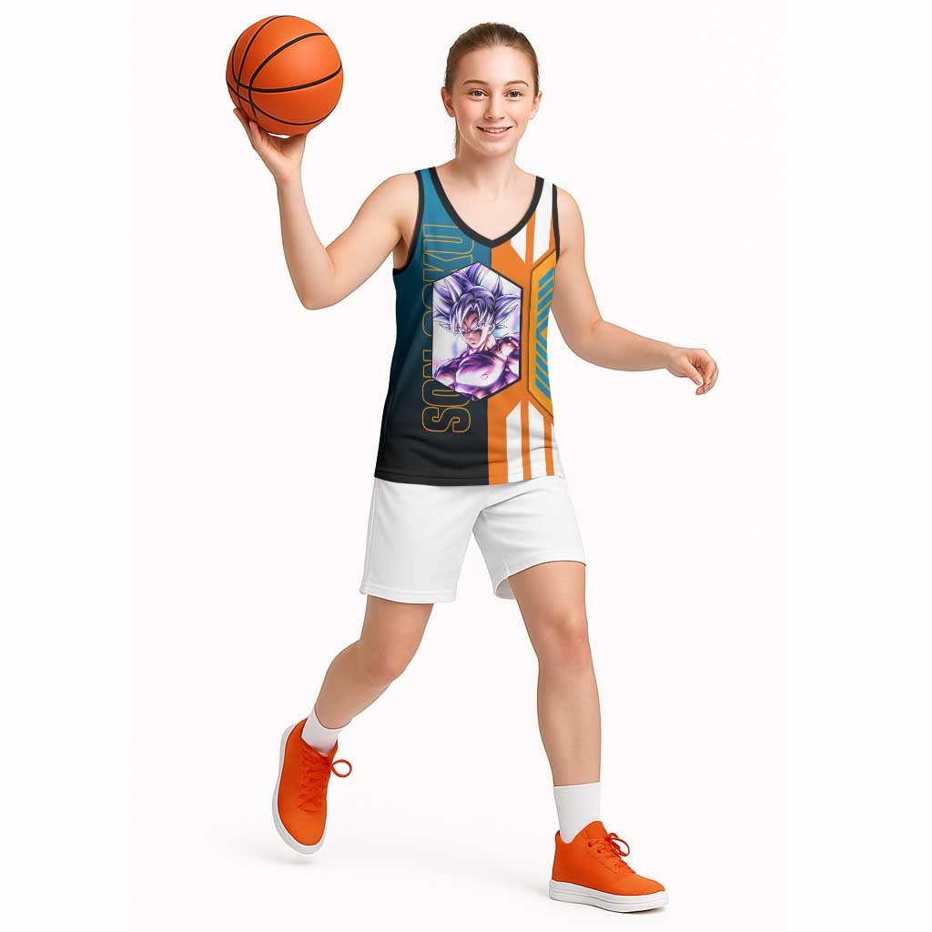 Son Goku from Dragon Ball Basketball Jersey with Orange Gi, Power Pose, and Energy Effect Design - The Mazicc