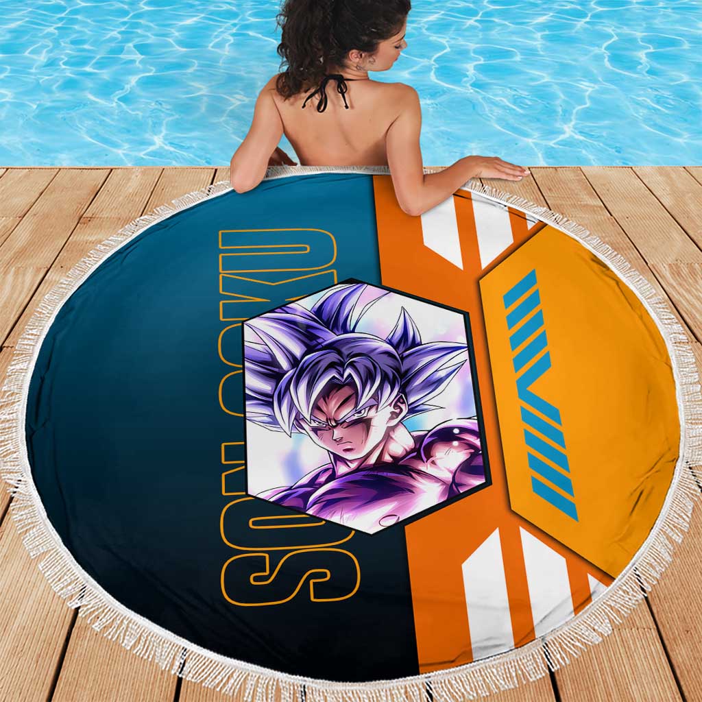 Son Goku from Dragon Ball Beach Blanket with Orange Gi, Power Pose, and Energy Effect Design - The Mazicc