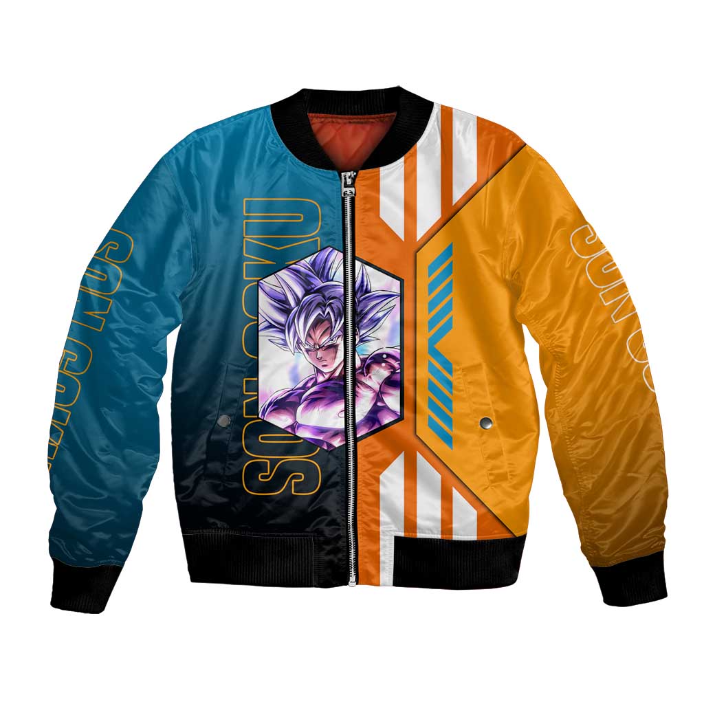 Son Goku from Dragon Ball Bomber Jacket with Orange Gi, Power Pose, and Energy Effect Design - The Mazicc