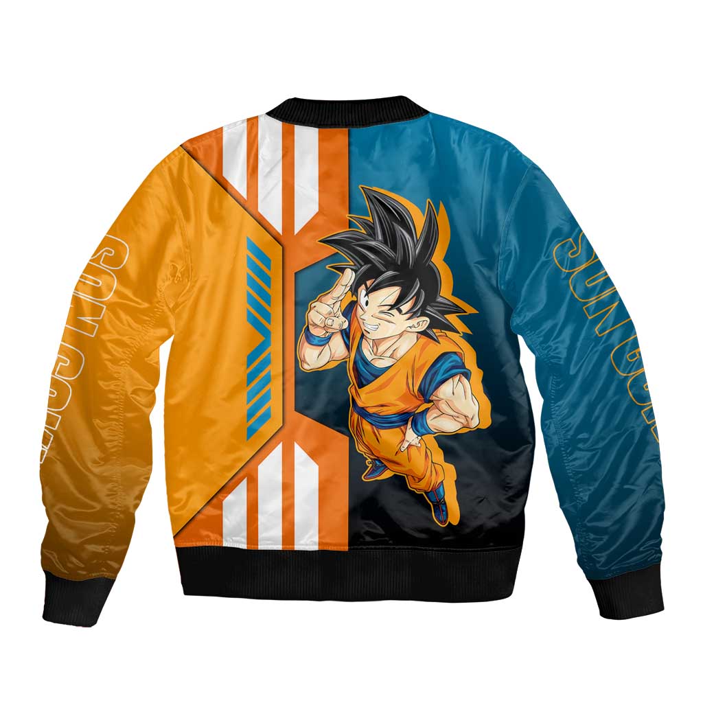 Son Goku from Dragon Ball Bomber Jacket with Orange Gi, Power Pose, and Energy Effect Design - The Mazicc