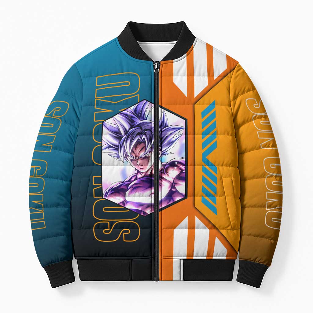 Son Goku from Dragon Ball Bomber Puffer Jacket with Orange Gi, Power Pose, and Energy Effect Design - The Mazicc