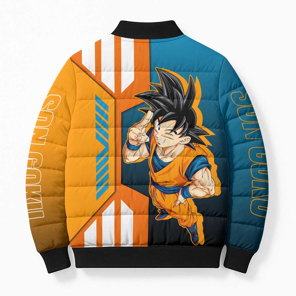 Son Goku from Dragon Ball Bomber Puffer Jacket with Orange Gi, Power Pose, and Energy Effect Design - The Mazicc