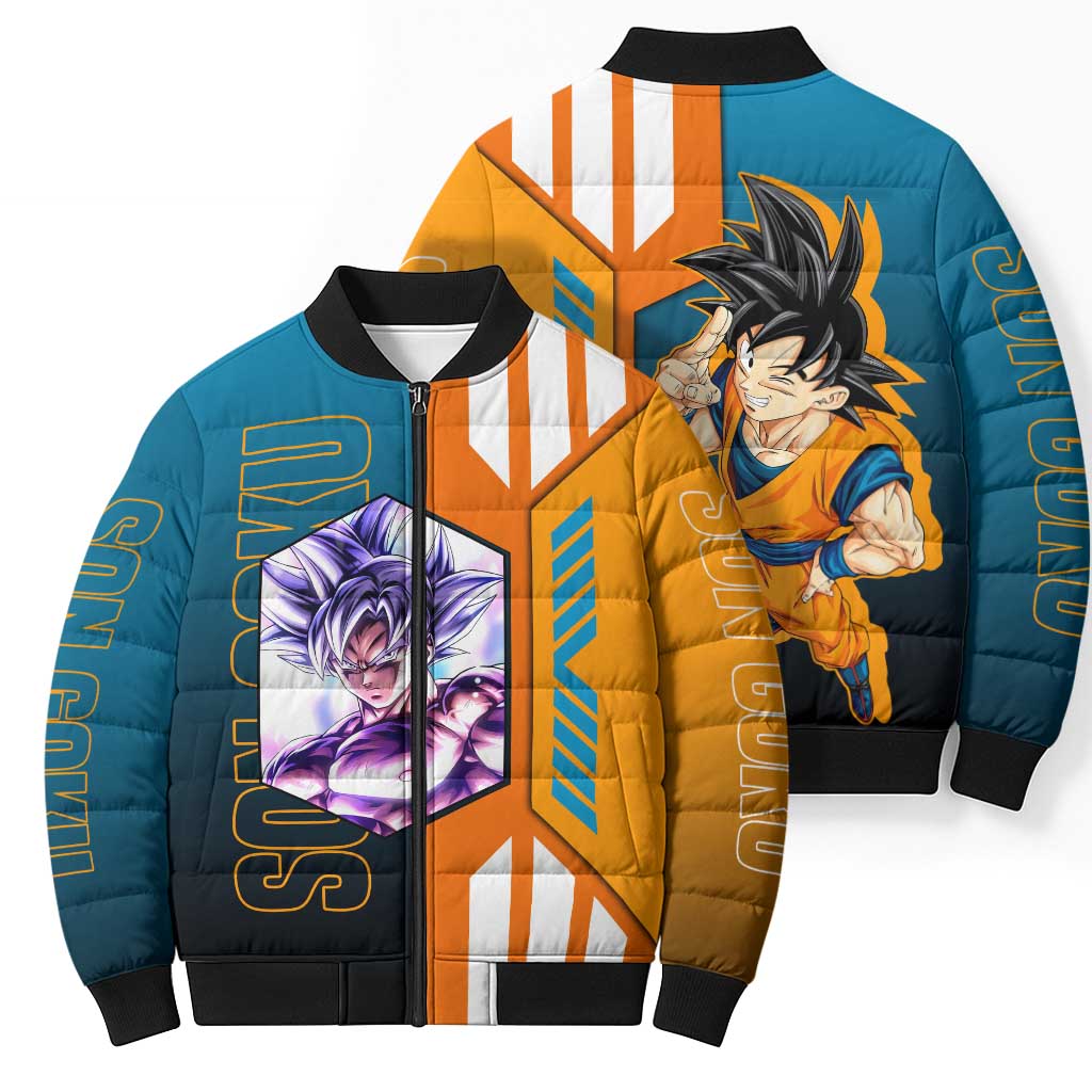 Son Goku from Dragon Ball Bomber Puffer Jacket with Orange Gi, Power Pose, and Energy Effect Design - The Mazicc