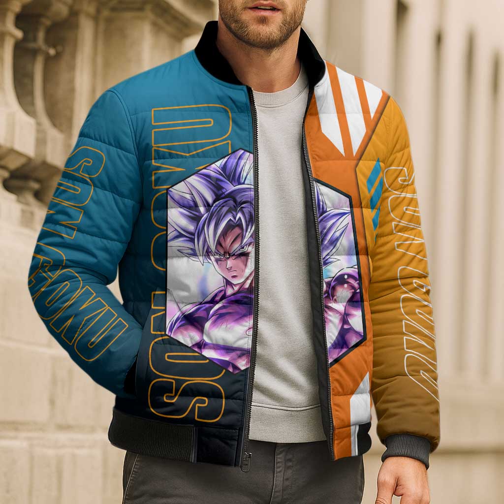 Son Goku from Dragon Ball Bomber Puffer Jacket with Orange Gi, Power Pose, and Energy Effect Design - The Mazicc