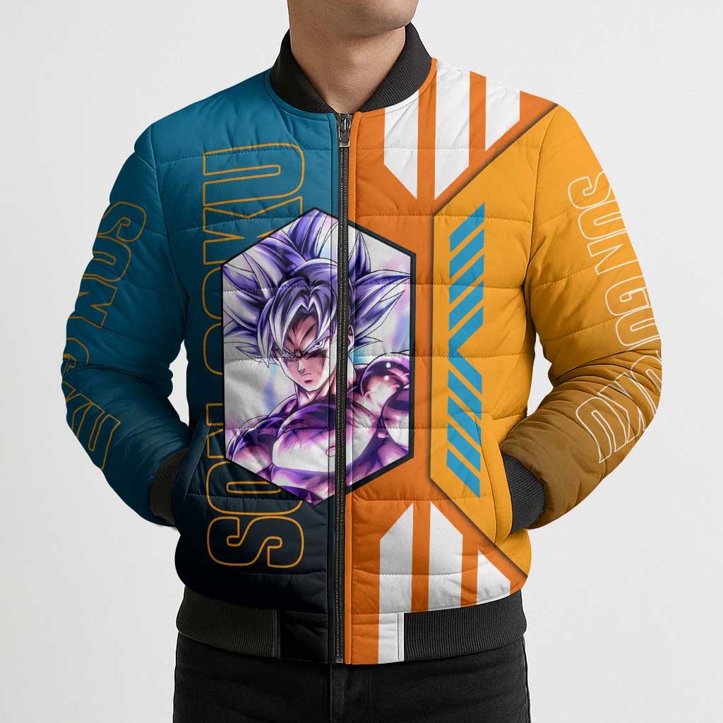 Son Goku from Dragon Ball Bomber Puffer Jacket with Orange Gi, Power Pose, and Energy Effect Design - The Mazicc