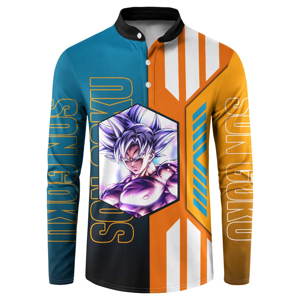 Son Goku from Dragon Ball Button Sweatshirt with Orange Gi, Power Pose, and Energy Effect Design - The Mazicc