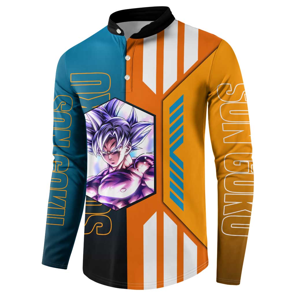 Son Goku from Dragon Ball Button Sweatshirt with Orange Gi, Power Pose, and Energy Effect Design - The Mazicc