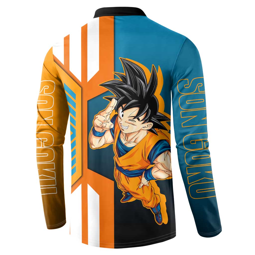 Son Goku from Dragon Ball Button Sweatshirt with Orange Gi, Power Pose, and Energy Effect Design - The Mazicc