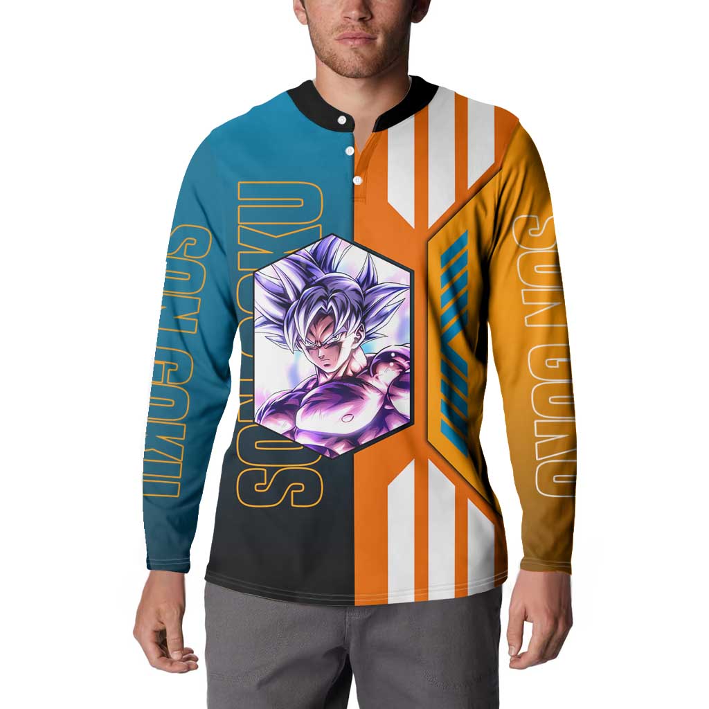 Son Goku from Dragon Ball Button Sweatshirt with Orange Gi, Power Pose, and Energy Effect Design - The Mazicc