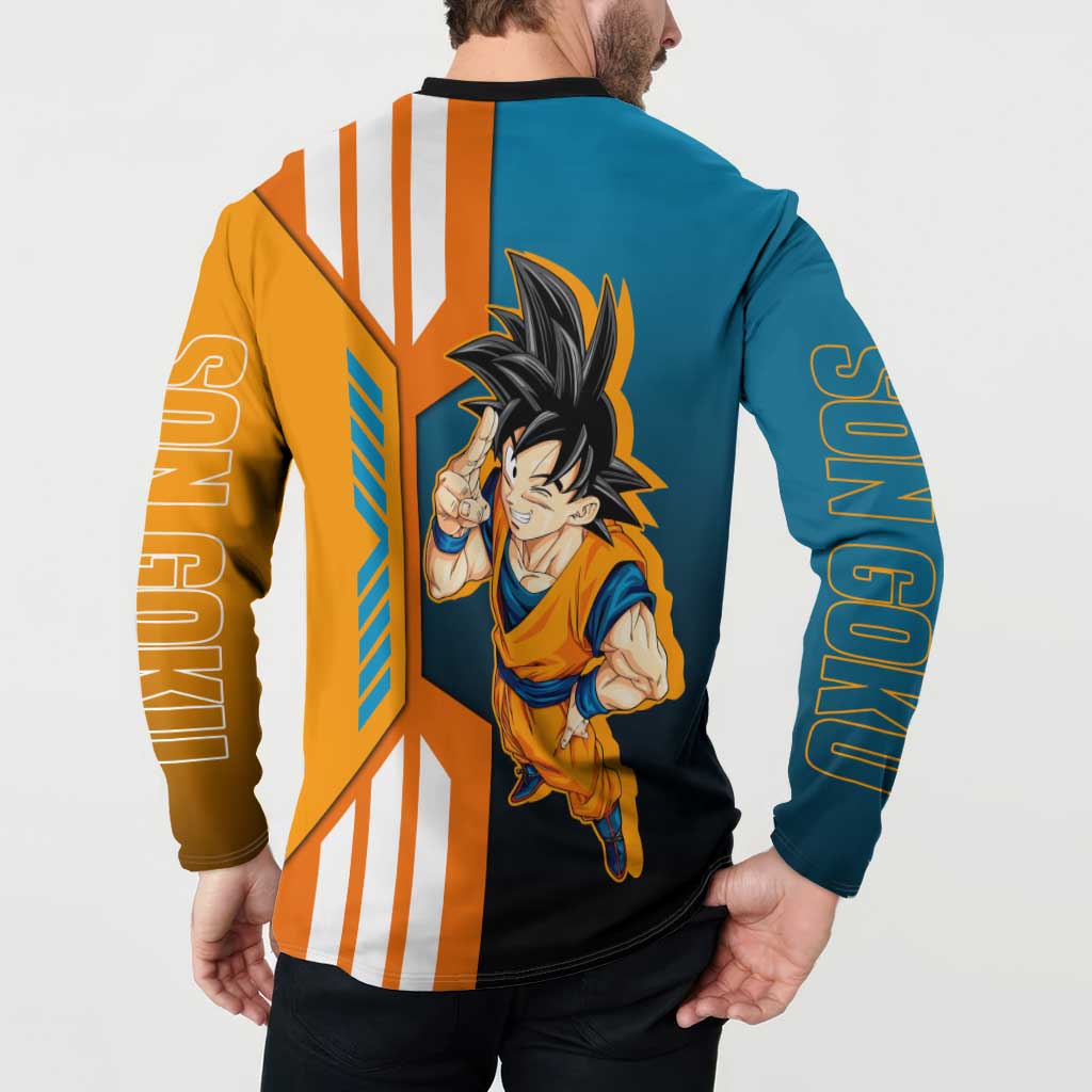 Son Goku from Dragon Ball Button Sweatshirt with Orange Gi, Power Pose, and Energy Effect Design - The Mazicc