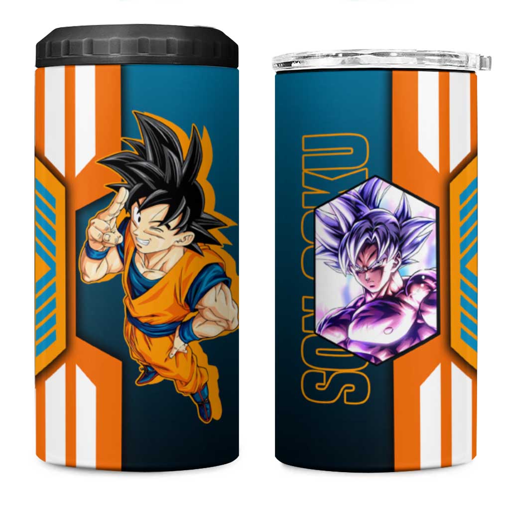 Son Goku from Dragon Ball 4 in 1 Can Cooler Tumbler with Orange Gi, Power Pose, and Energy Effect Design - The Mazicc