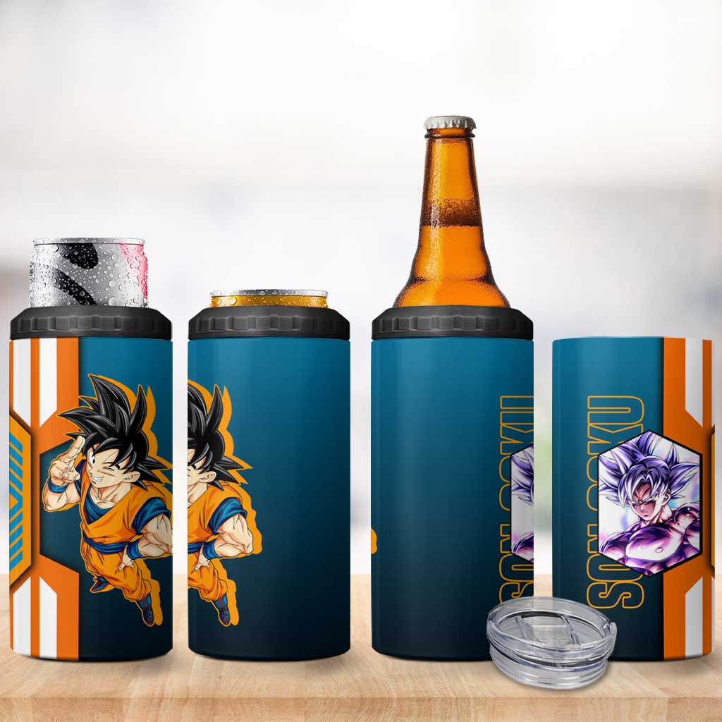 Son Goku from Dragon Ball 4 in 1 Can Cooler Tumbler with Orange Gi, Power Pose, and Energy Effect Design - The Mazicc