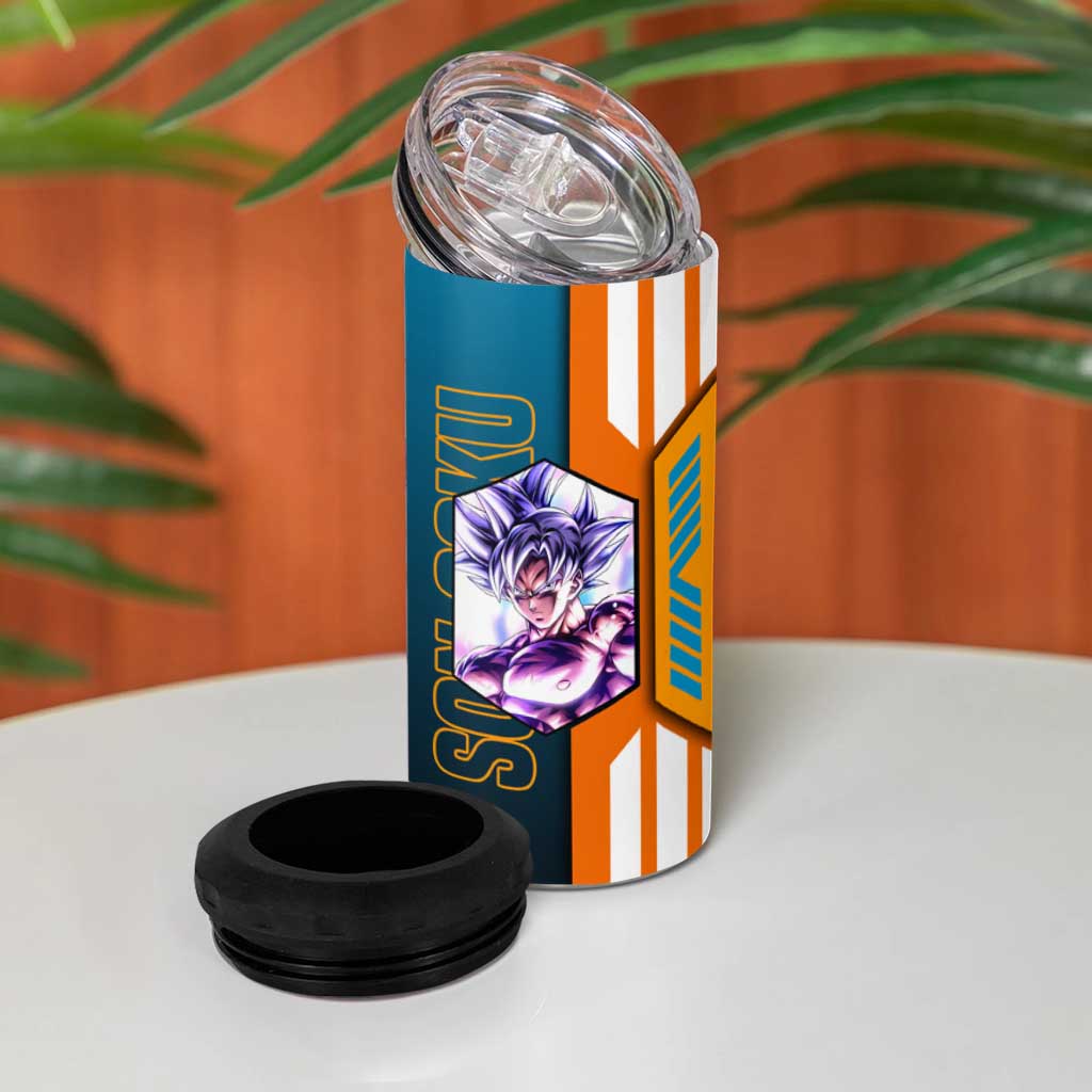 Son Goku from Dragon Ball 4 in 1 Can Cooler Tumbler with Orange Gi, Power Pose, and Energy Effect Design - The Mazicc