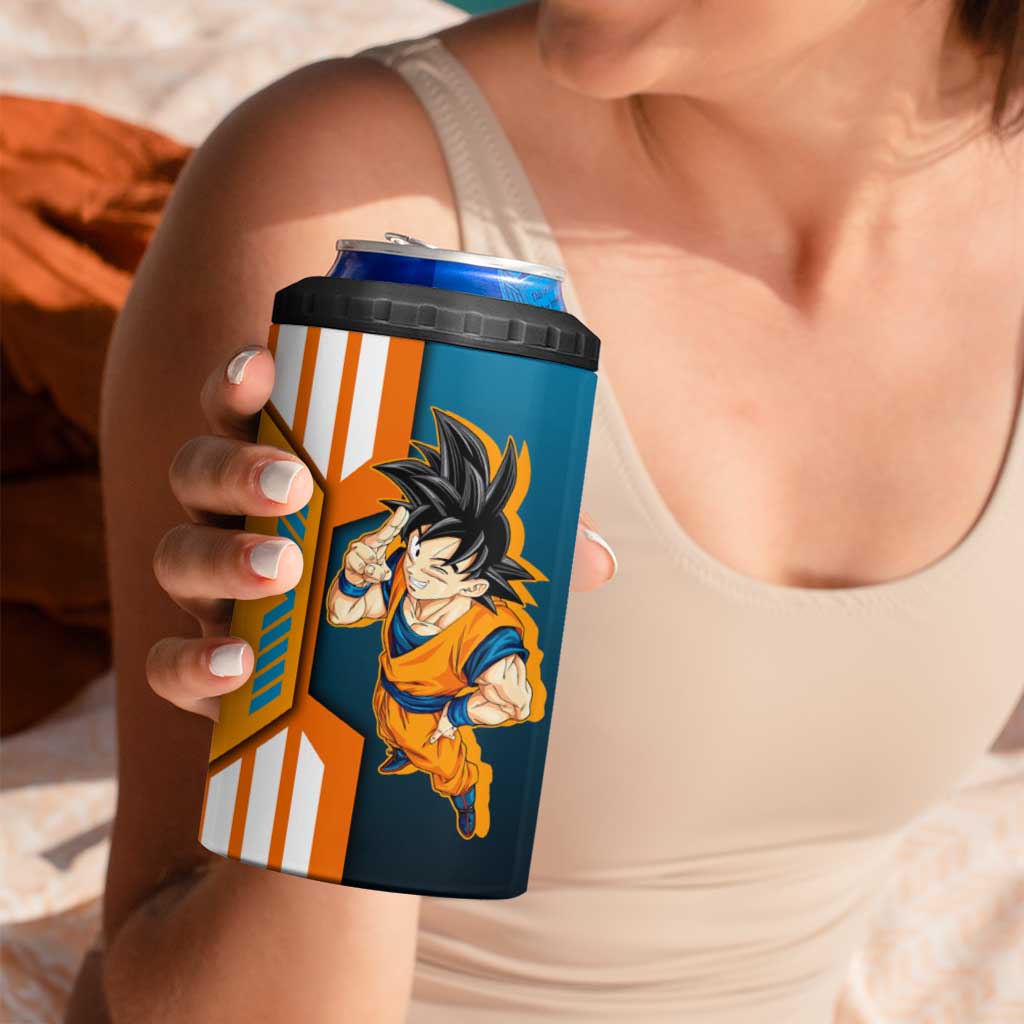 Son Goku from Dragon Ball 4 in 1 Can Cooler Tumbler with Orange Gi, Power Pose, and Energy Effect Design - The Mazicc