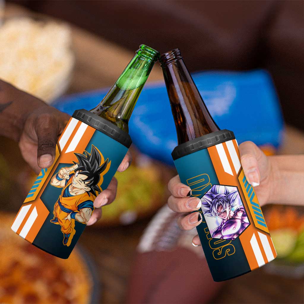 Son Goku from Dragon Ball 4 in 1 Can Cooler Tumbler with Orange Gi, Power Pose, and Energy Effect Design - The Mazicc