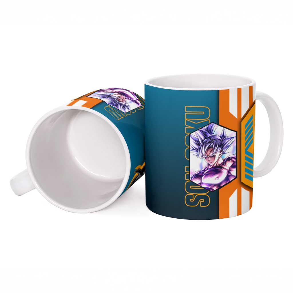 Son Goku from Dragon Ball Ceramic Mug with Orange Gi, Power Pose, and Energy Effect Design - The Mazicc