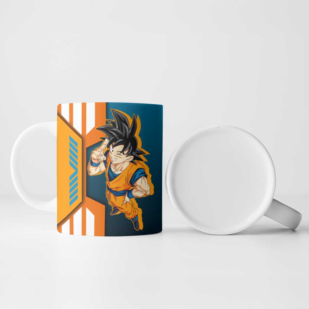 Son Goku from Dragon Ball Ceramic Mug with Orange Gi, Power Pose, and Energy Effect Design - The Mazicc