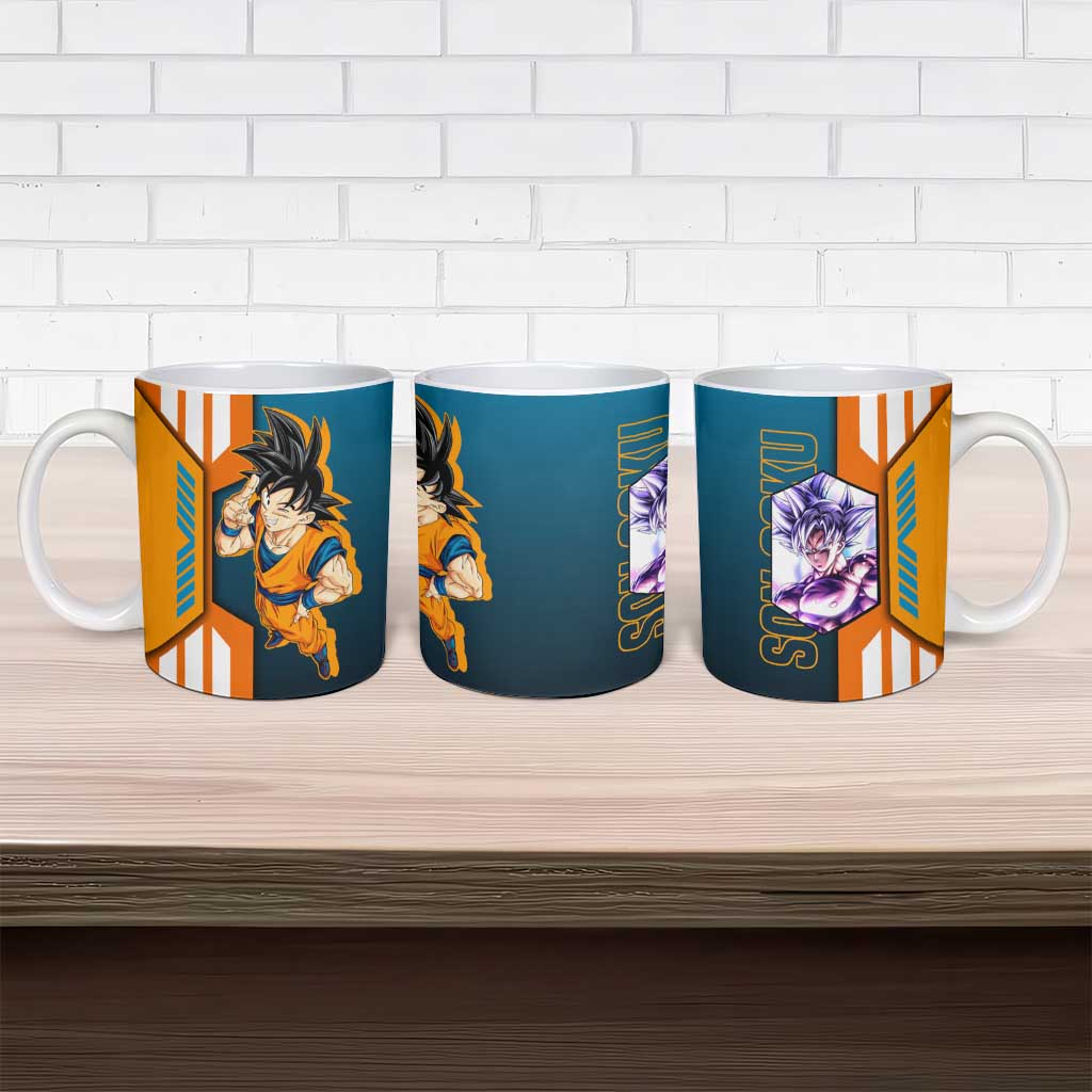 Son Goku from Dragon Ball Ceramic Mug with Orange Gi, Power Pose, and Energy Effect Design - The Mazicc
