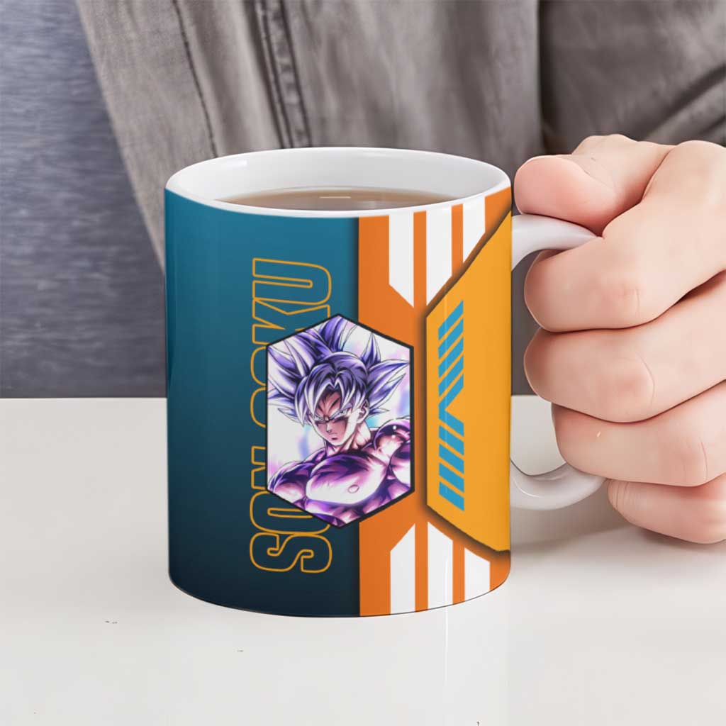 Son Goku from Dragon Ball Ceramic Mug with Orange Gi, Power Pose, and Energy Effect Design - The Mazicc
