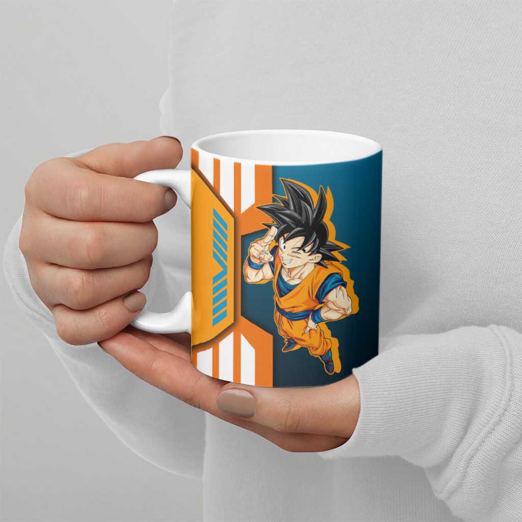 Son Goku from Dragon Ball Ceramic Mug with Orange Gi, Power Pose, and Energy Effect Design - The Mazicc