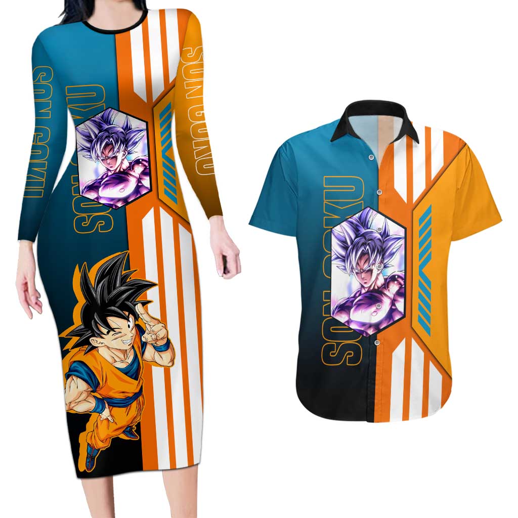 Son Goku from Dragon Ball Couples Matching Long Sleeve Bodycon Dress and Hawaiian Shirt with Orange Gi, Power Pose, and Energy Effect Design - The Mazicc