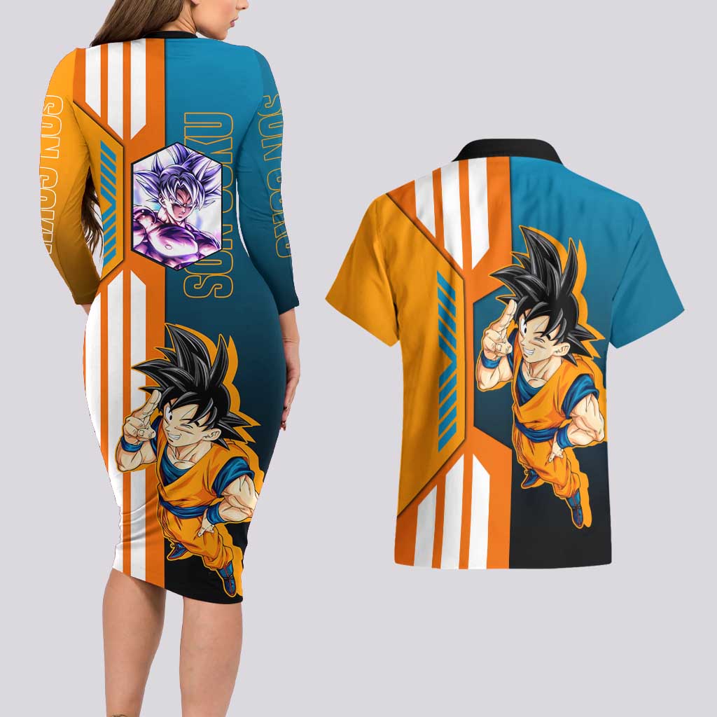 Son Goku from Dragon Ball Couples Matching Long Sleeve Bodycon Dress and Hawaiian Shirt with Orange Gi, Power Pose, and Energy Effect Design - The Mazicc