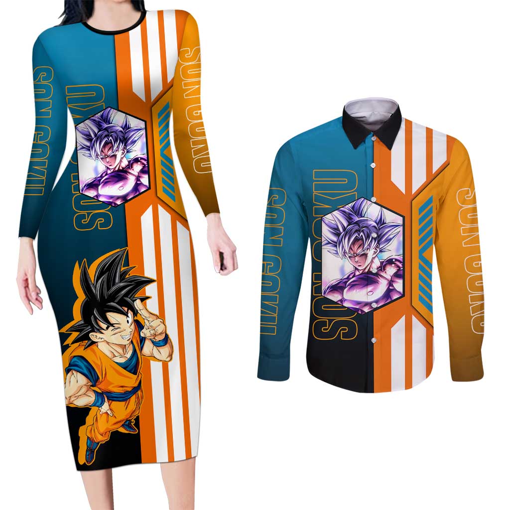 Son Goku from Dragon Ball Couples Matching Long Sleeve Bodycon Dress and Long Sleeve Button Shirt with Orange Gi, Power Pose, and Energy Effect Design - The Mazicc