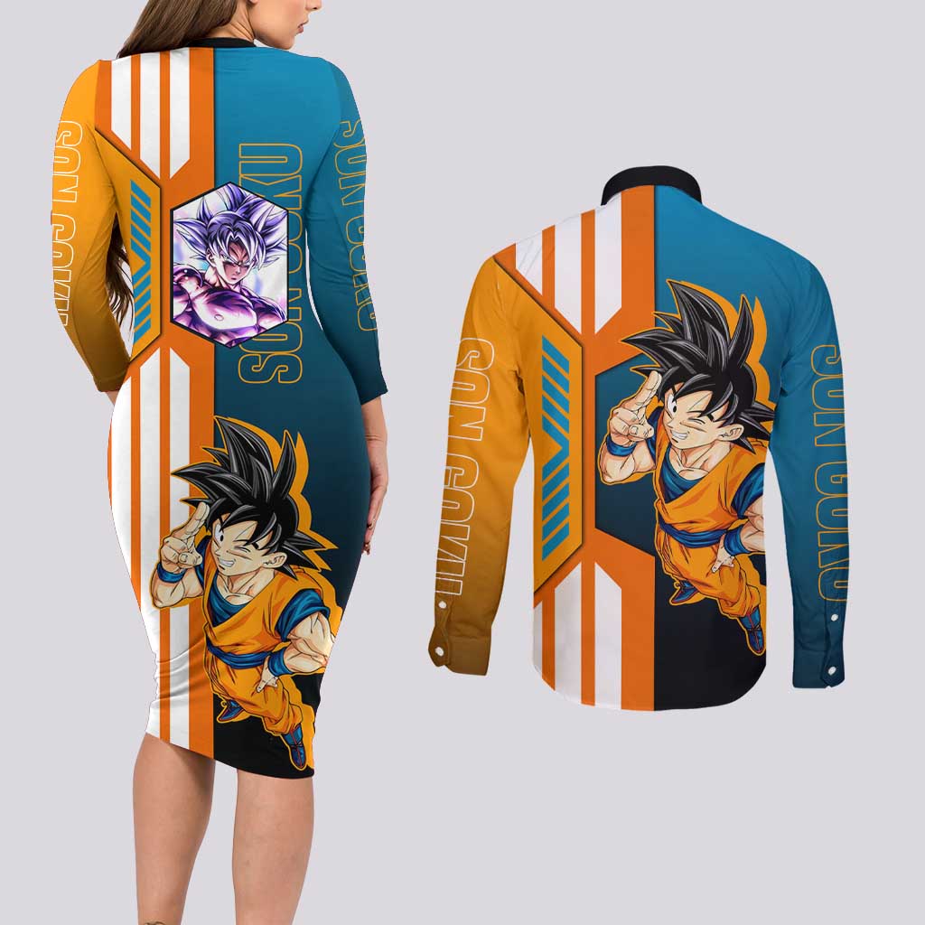 Son Goku from Dragon Ball Couples Matching Long Sleeve Bodycon Dress and Long Sleeve Button Shirt with Orange Gi, Power Pose, and Energy Effect Design - The Mazicc