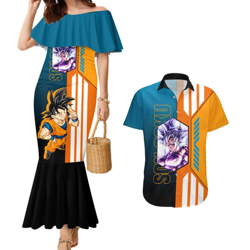 Son Goku from Dragon Ball Couples Matching Mermaid Dress and Hawaiian Shirt with Orange Gi, Power Pose, and Energy Effect Design - The Mazicc