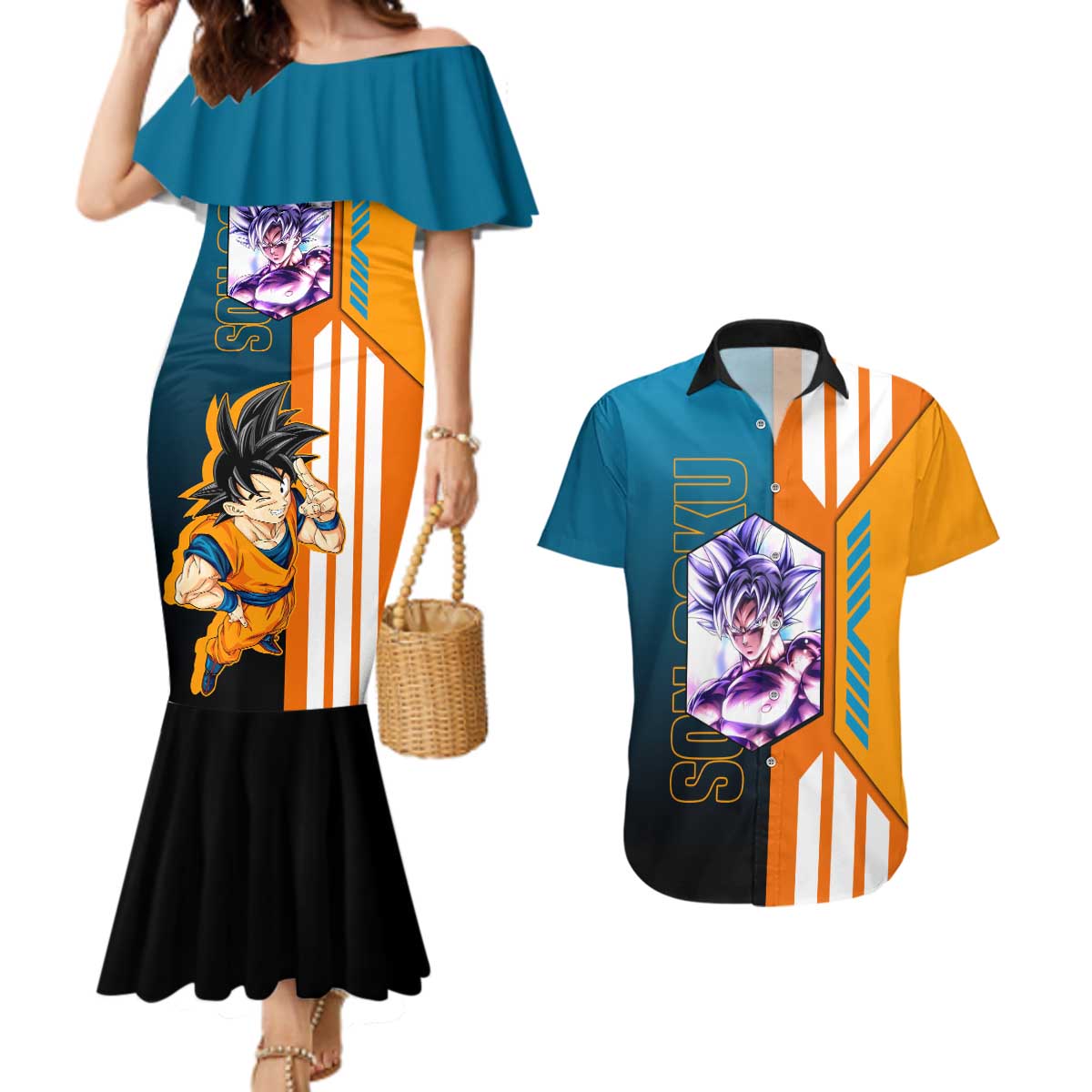 Son Goku from Dragon Ball Couples Matching Mermaid Dress and Hawaiian Shirt with Orange Gi, Power Pose, and Energy Effect Design - The Mazicc