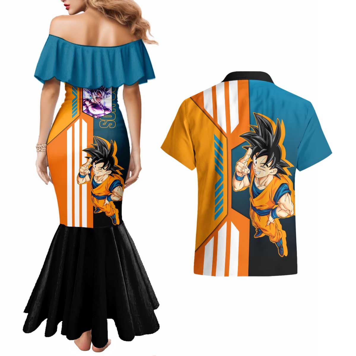 Son Goku from Dragon Ball Couples Matching Mermaid Dress and Hawaiian Shirt with Orange Gi, Power Pose, and Energy Effect Design - The Mazicc