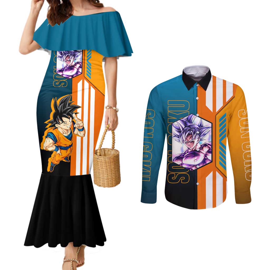 Son Goku from Dragon Ball Couples Matching Mermaid Dress and Long Sleeve Button Shirt with Orange Gi, Power Pose, and Energy Effect Design - The Mazicc