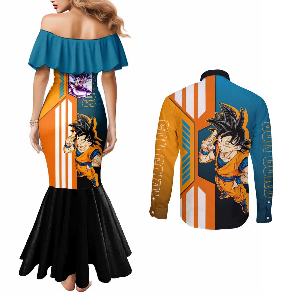 Son Goku from Dragon Ball Couples Matching Mermaid Dress and Long Sleeve Button Shirt with Orange Gi, Power Pose, and Energy Effect Design - The Mazicc