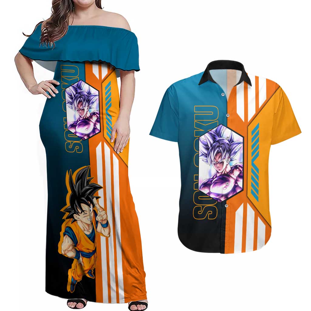 Son Goku from Dragon Ball Couples Matching Off Shoulder Maxi Dress and Hawaiian Shirt with Orange Gi, Power Pose, and Energy Effect Design - The Mazicc