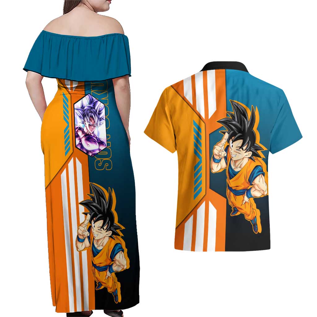 Son Goku from Dragon Ball Couples Matching Off Shoulder Maxi Dress and Hawaiian Shirt with Orange Gi, Power Pose, and Energy Effect Design - The Mazicc